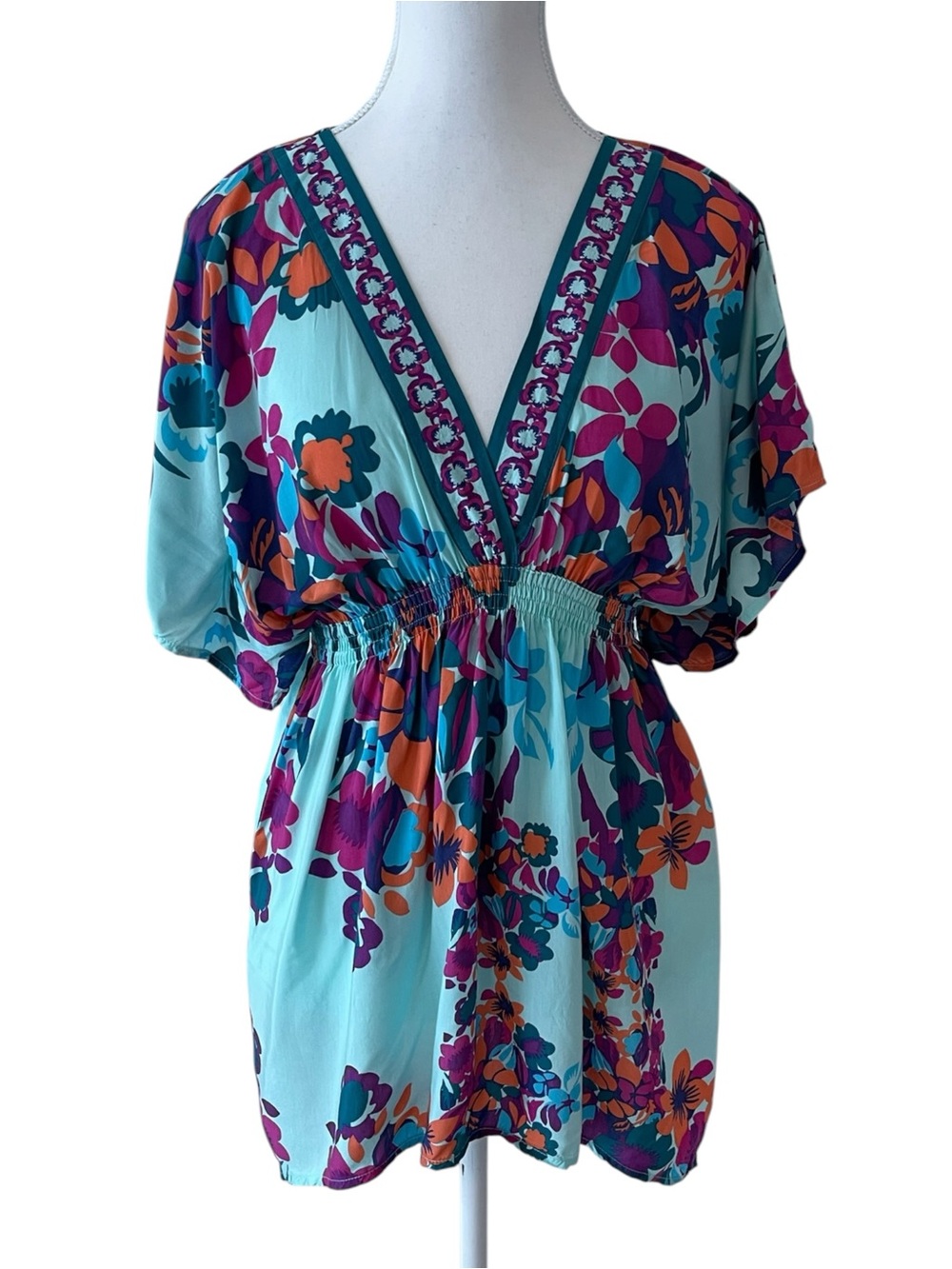 H&M Turquoise Floral Print V-Neck Smocked Tunic with Magenta & Orange Accents